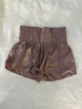 Free People Smocked High-Waist Athletic Shorts in Mauve